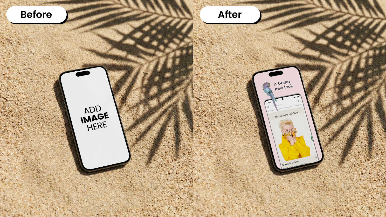  Before and after of an iPhone mockup lying on sunlit sand in a beach-like setting